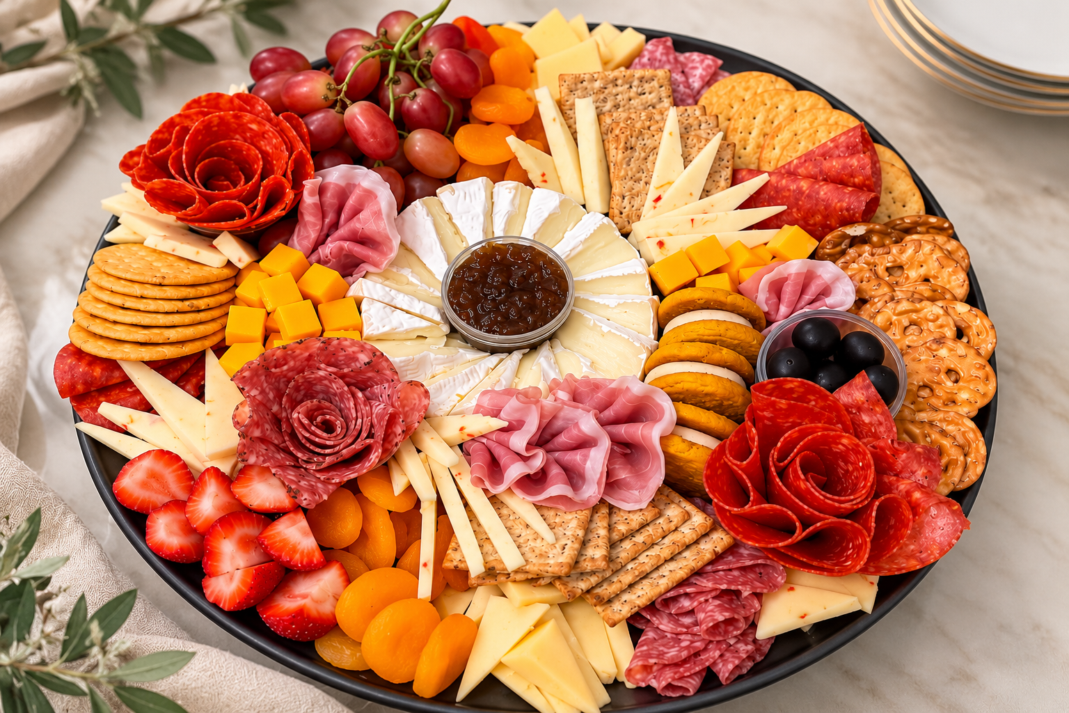 Charcuterie platter presented on a light marble background
